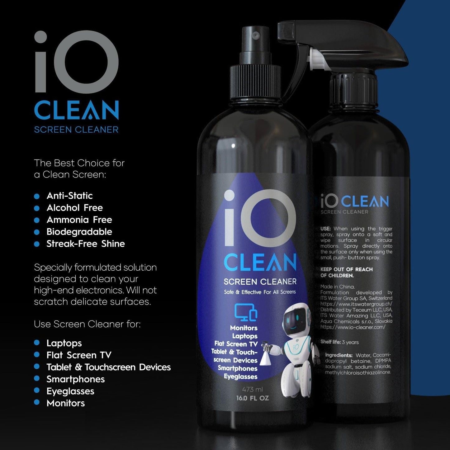 Screen Cleaner Spray (16oz+16oz) – Best Large Cleaning Kit for LCD LED OLED TV, Smartphone, iPad, Laptop, Touchscreen, Computer Monitor, Other Electronic Devices – 2 Microfiber Cloths and 4 Nozzles