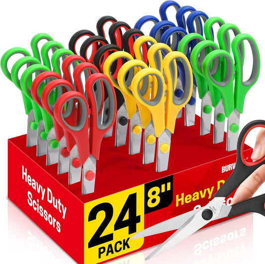 24-Pack 8" All Purpose Heavy Duty Sharp Scissors Bulk for Office School Home Stainless Steel Blades Safety Soft Grip Handles,Right/Left Handed Scissors