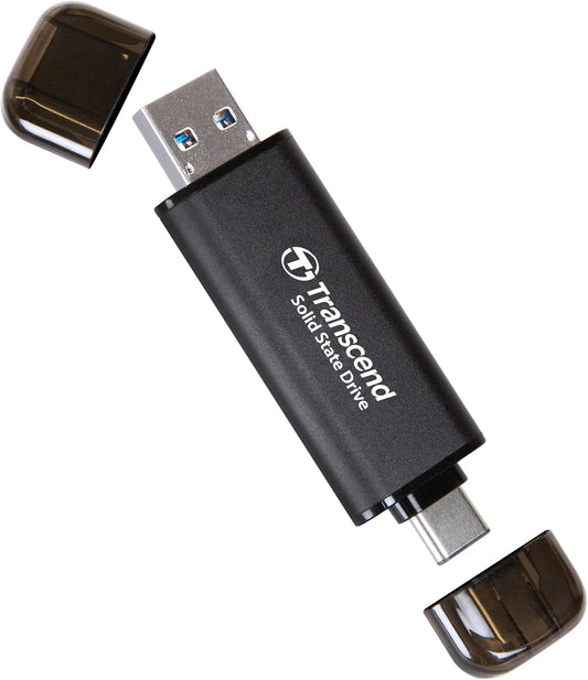 Transcend 2TB External SSD, Up to 1,050MB/s, Dual USB Hard Drive for Tesla, iPhone15,16&iPad&Mac, Steam Deck/ROG Ally/MSI Claw/Windows/Android/PS5/Smart TV, 2-in-1 Type C &A, USB 3.2 Gen2 Portable SSD