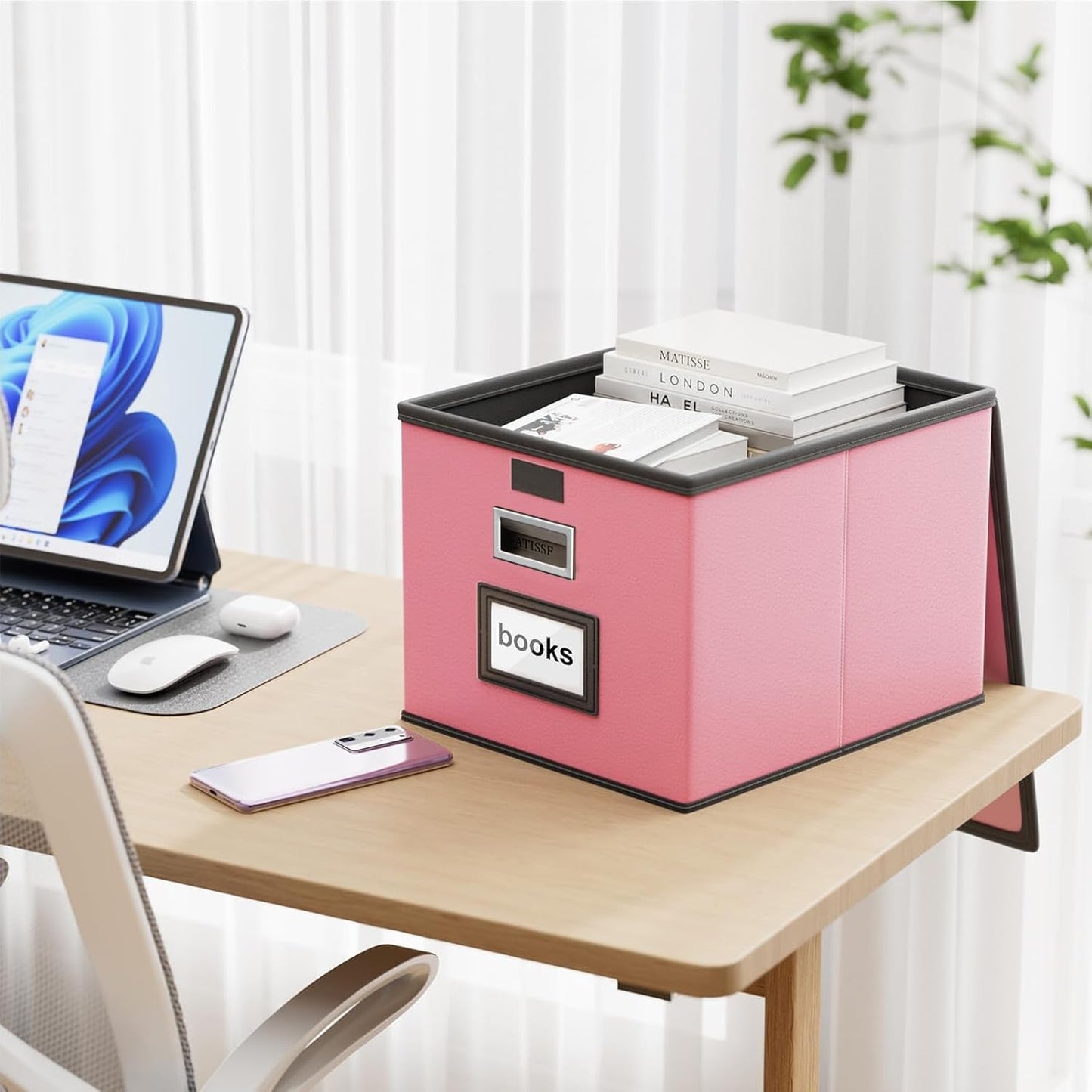 Huolewa Portable Leather File Organizer Storage Boxes, Collapsible File Folder Organizer Boxes with Lids, Document Organizer, Decorative Filing Box Cabinet for Letter/Legal File Folder Storage