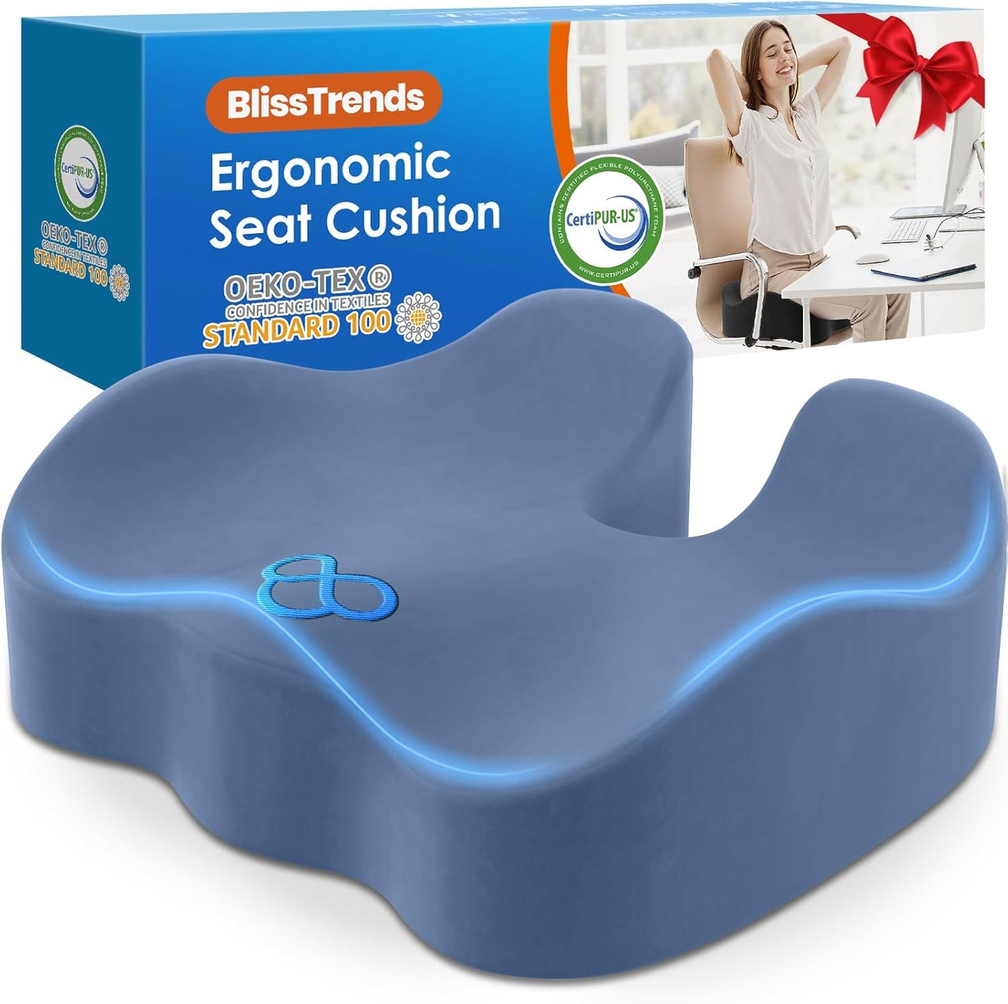 BlissTrends Seat Cushion,Thick Memory Foam Cushions for Office Chair, Car Seat, Airplane, Relieving Pressure Tailbone Sciatica Back Pain for Office Workers, Car Drivers 4.7in Thick LightBlue