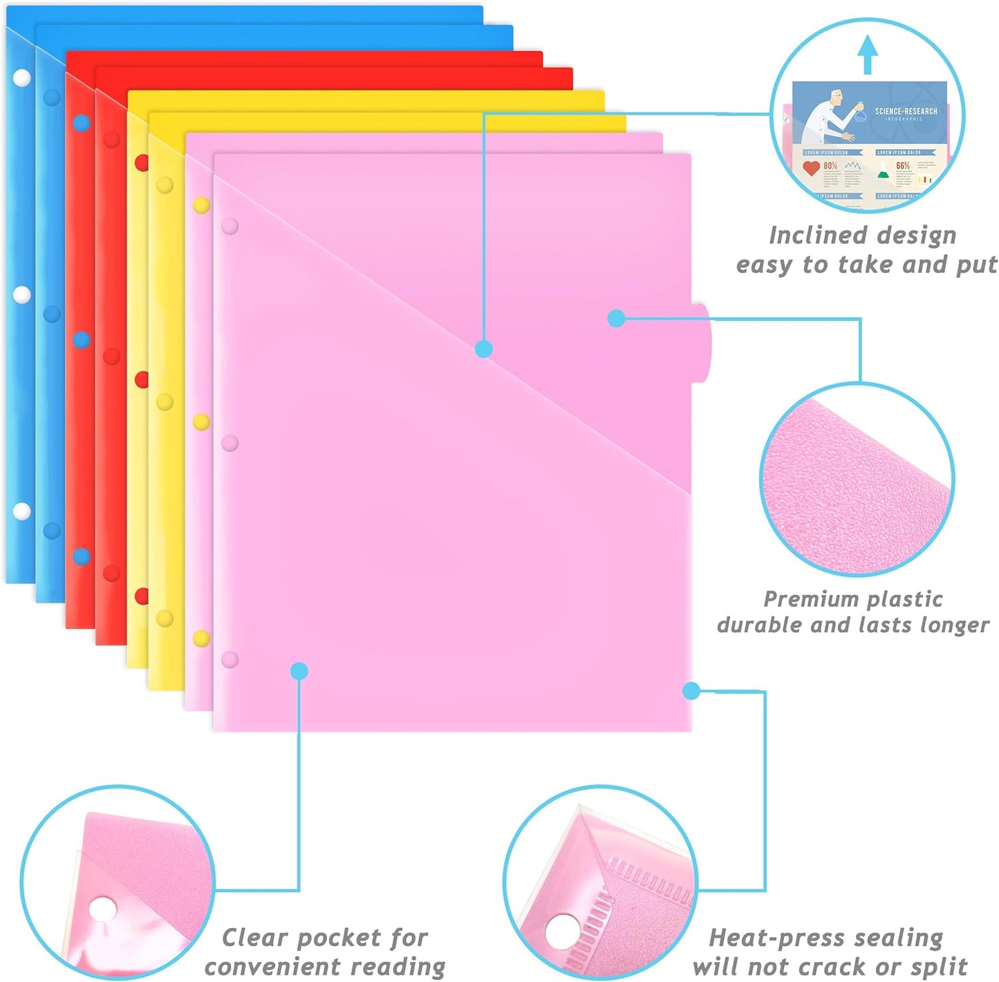 8 Tabs Plastic Dividers with Clear Front Pocket - 3 Sets, Pocket Dividers for 3 Ring Binder, Multi-Color Binder Dividers, Total 24 Tabs