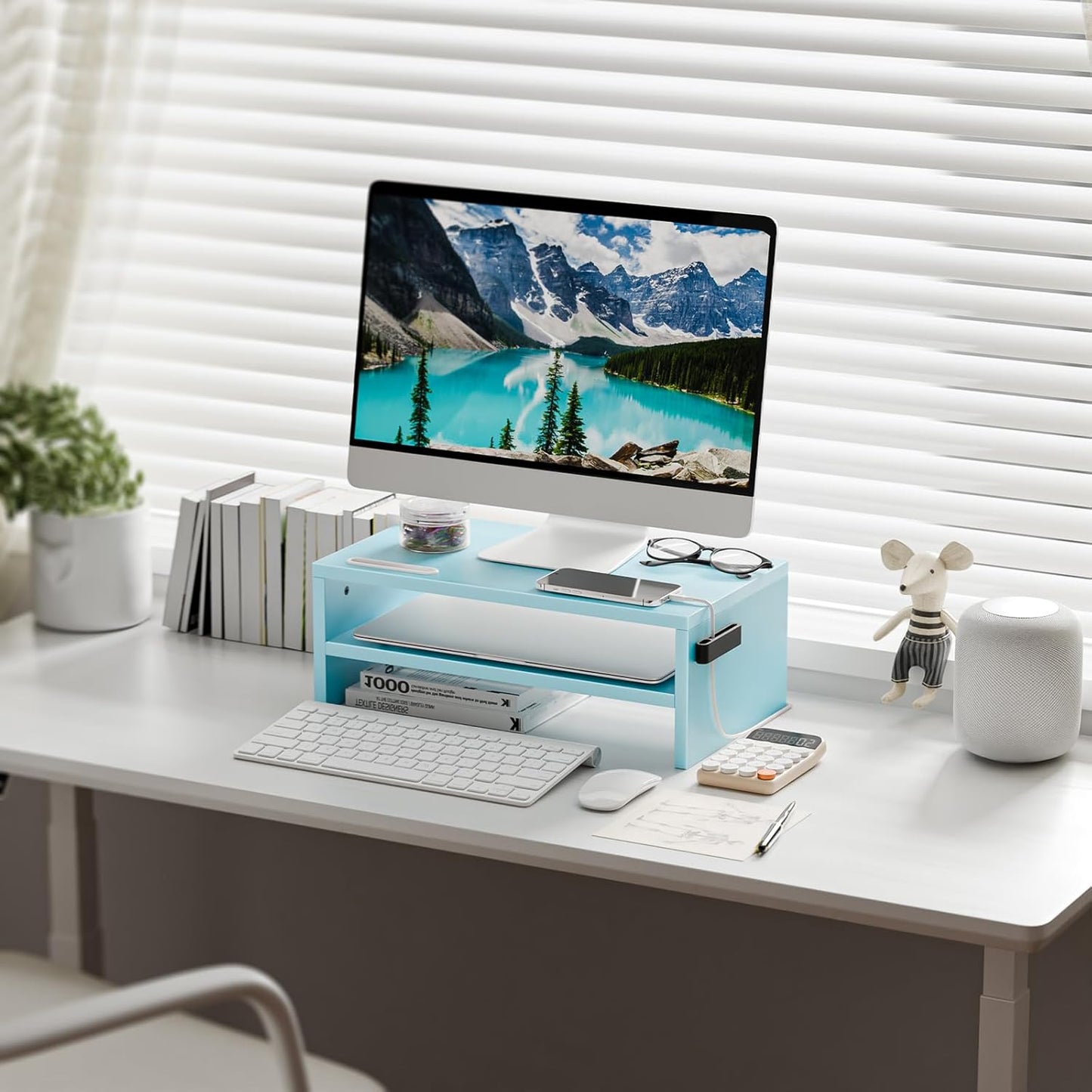 Marbrasse Monitor Stand Riser, 16.5 Inch 2 Tier Computer Printer Shelf Stand for Laptop Computer Screen Storage, Desktop Stand with Phone Holder and Cable Management (Blue)