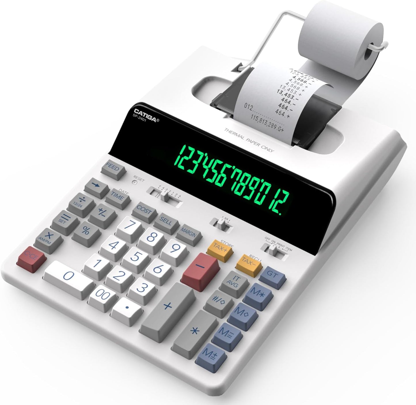 CATIGA 12 Digit Thermal Printing Calculator with Tape Print Out, Ink-Free Adding Machine, 3X Faster Quite at 8.0 LPS, Extra Large Fluorescent Display, Tax Calculation with Clock and Calendar, SP-2401
