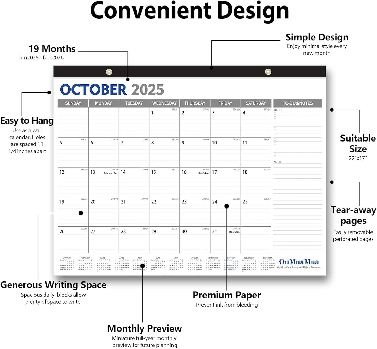 OuMuaMua 3-Pack Large Desk Calendars 2025-2026 - 19 Months from Jun. 2025 through Dec. 2026, 22" x 17" Desktop Wall Calendar with Julian Date To-do & Notes, Corner Protectors for School Home Office