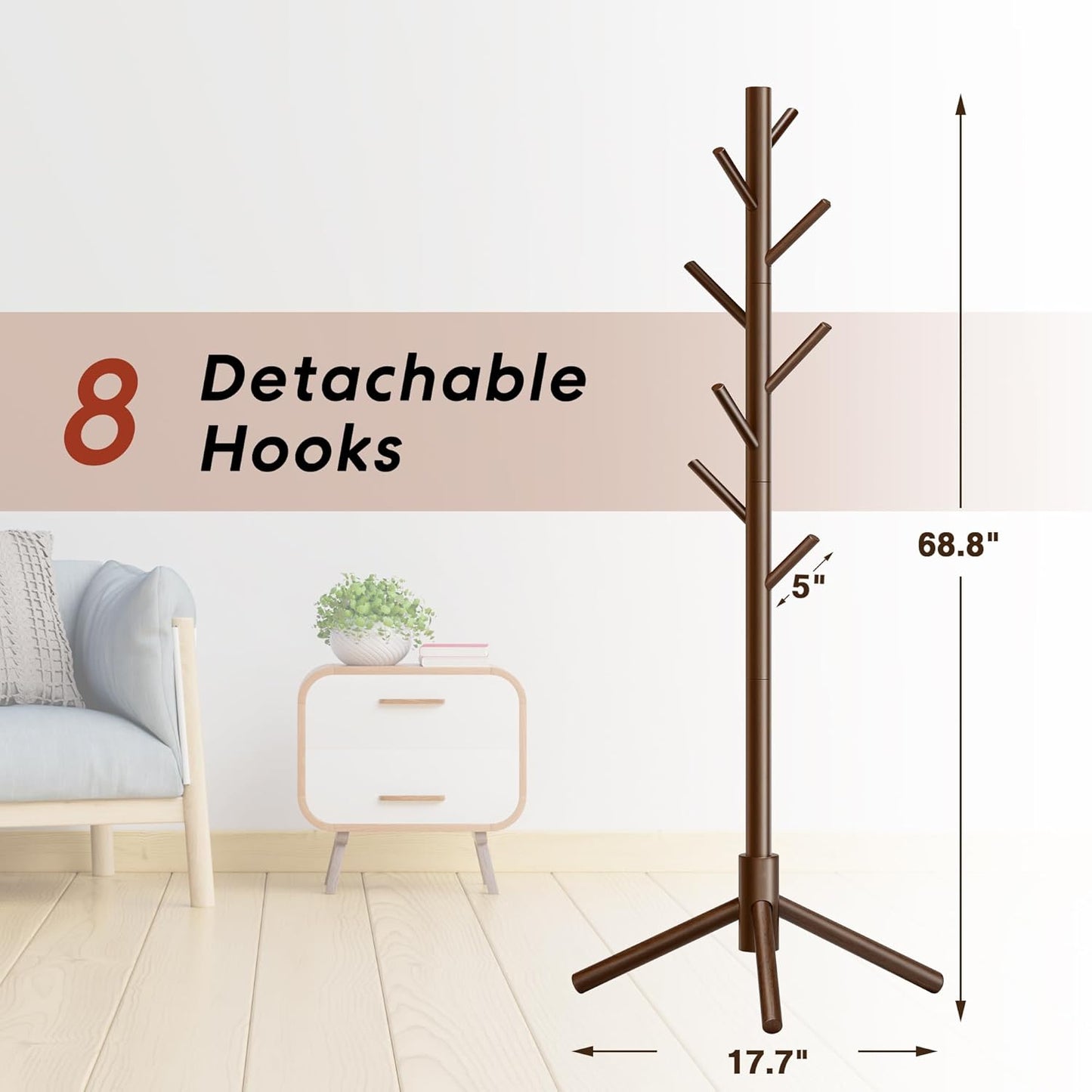 Wooden Coat Rack, Free Standing Coat Rack with 8 Hooks 3 Adjustable Heights for Clothes, Hats, Handbags, Coat Tree Easy Assembly for Entryway, Bedroom, Hallway, Office(2PCS)