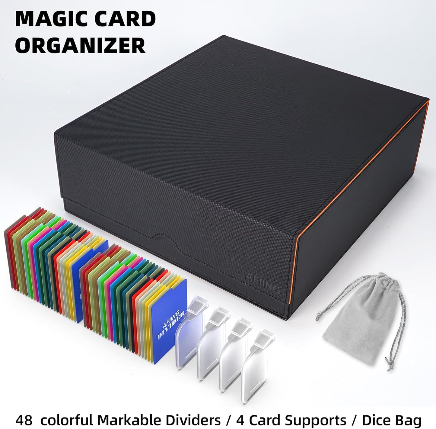 AFIING 4-Row Trading Card Storage Box – Holds 3200+ Cards, 48 Dividers & 4 Stoppers, Card Deck Box for MTG TCG Sports Cards – Includes 1 Dice Bag(Black Orange)