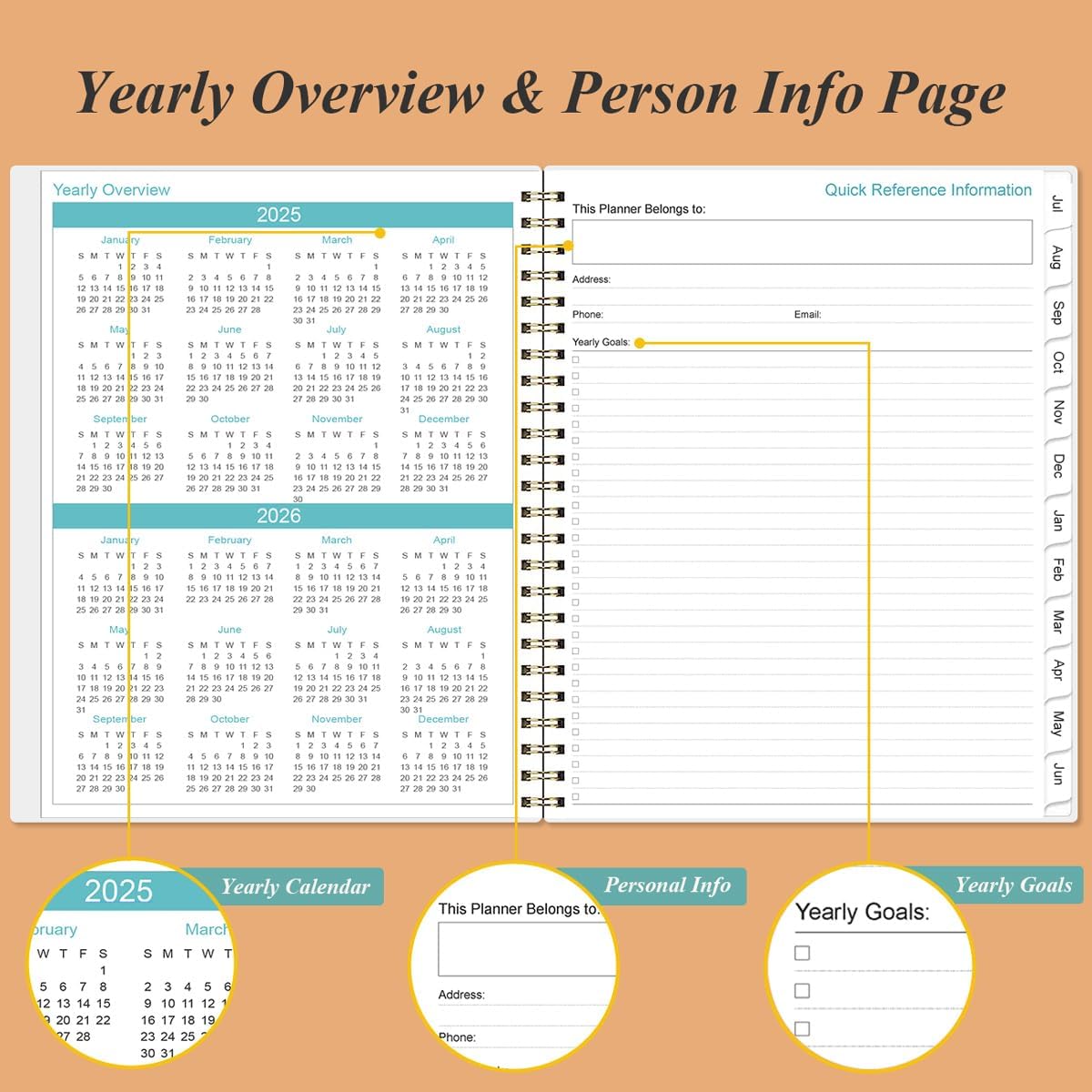 2025-2026 Planner - Planner 2025 from July 2025 to June 2026 with 12 Monthly Tabs, Flexible Cover, Inner Pocket, 8.5" x 11", Rose Floral