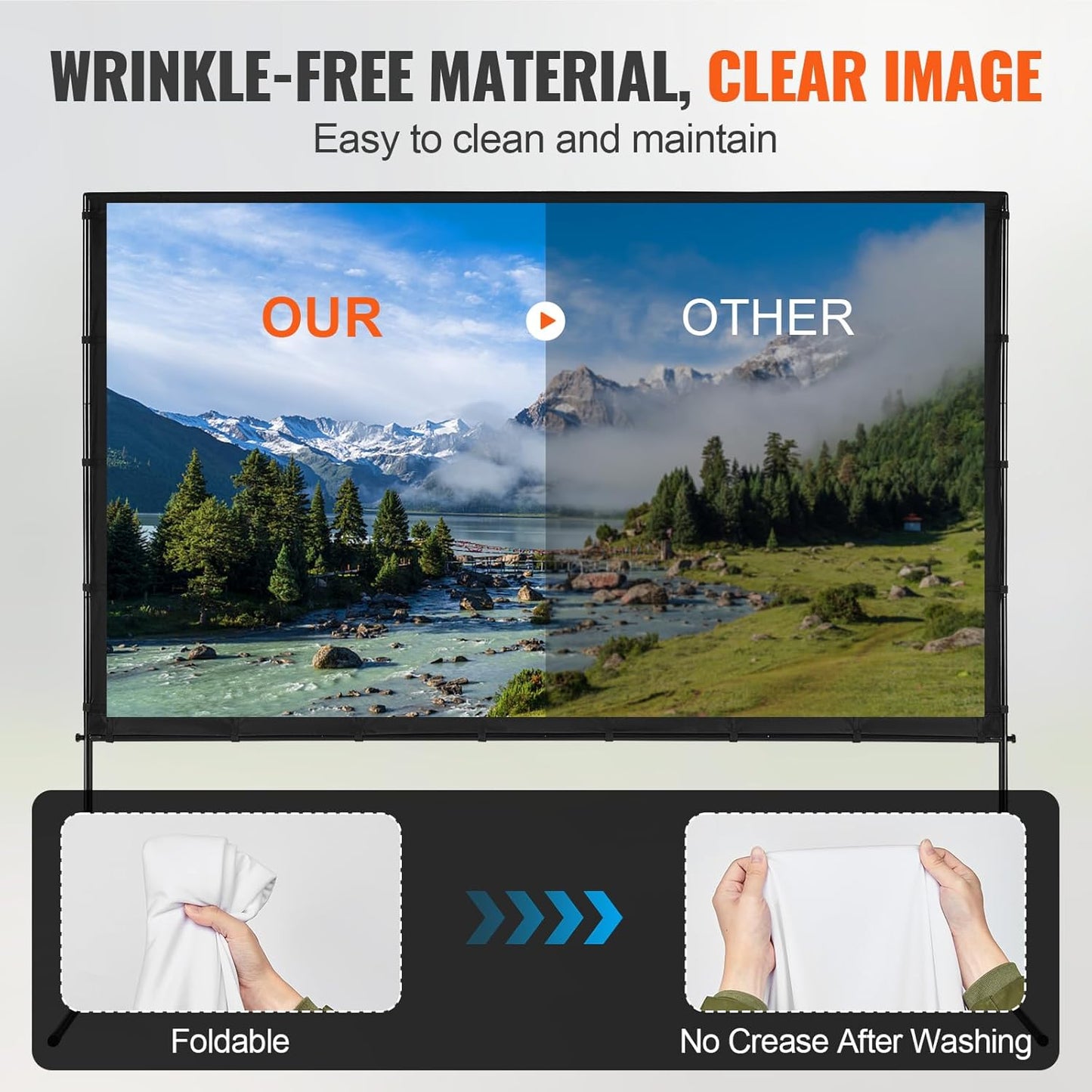 VEVOR Projector Screen with Stand, 100 inch 16:9 4K 1080 HD Outdoor Movie Screen with Stand, Wrinkle-Free Projection Screen with Bar Feet and Carry Bag, for Home Theater Cinema Backyard Movie Night