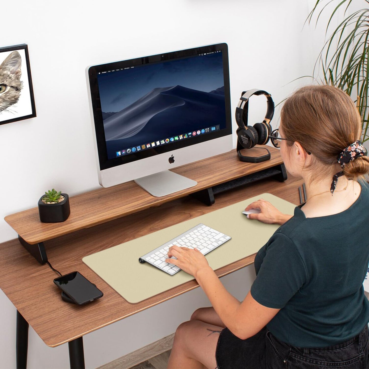 Aothia Double-Sided PU Leather Desk Pad - Non-Slip Large Mouse Pad & Desk Mat for Office, Home - Waterproof, Easy to Clean, Durable Dual-Sided Surface (Sand Beige, 23.6" x 13.7")