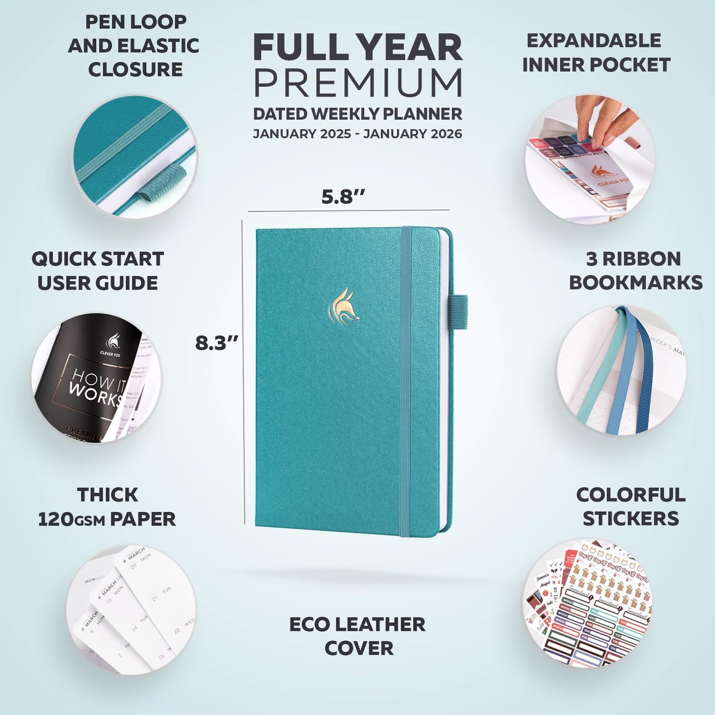 Clever Fox Dated Planner Premium 2025 – Weekly Agenda for Planning & Time Management –Notebook with Habit Tracker & To-do List (Aquamarine)