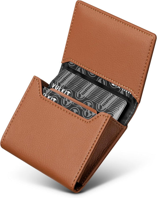 VULKIT Business Card Holder Premium Leather RFID Blocking Card Case With ID Window Magnetic Closure Holds Up to 40 Business Cards