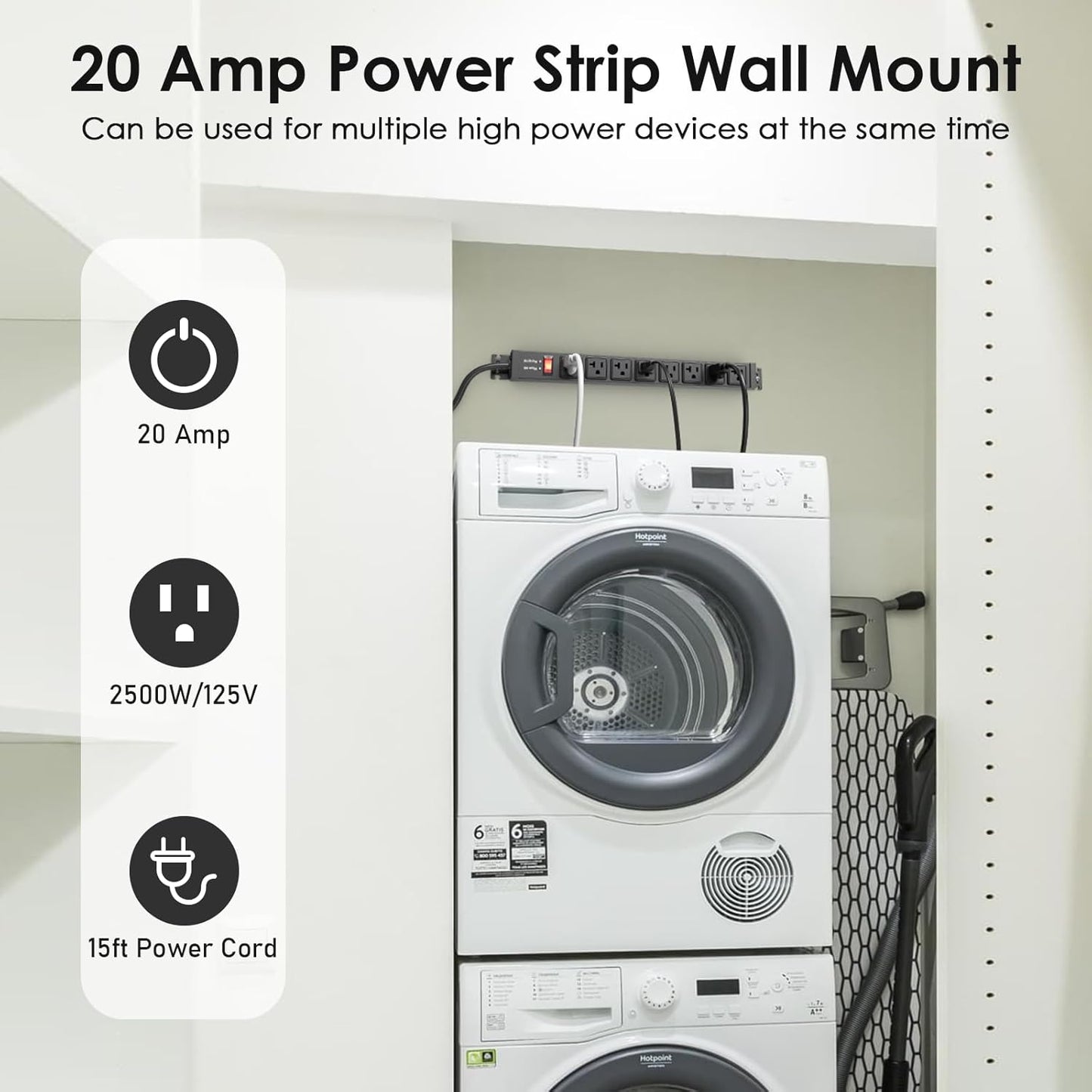 JUNNUJ 20 Amp Power Strip Surge Protector 4800J, Heavy Duty 8 Outlet Metal Multi Angle Mount, 20A Garage Power Strip Shop 6-20R T-Slot, 5-15P Plug 12 Gauge Extension Cord 15ft for Appliance