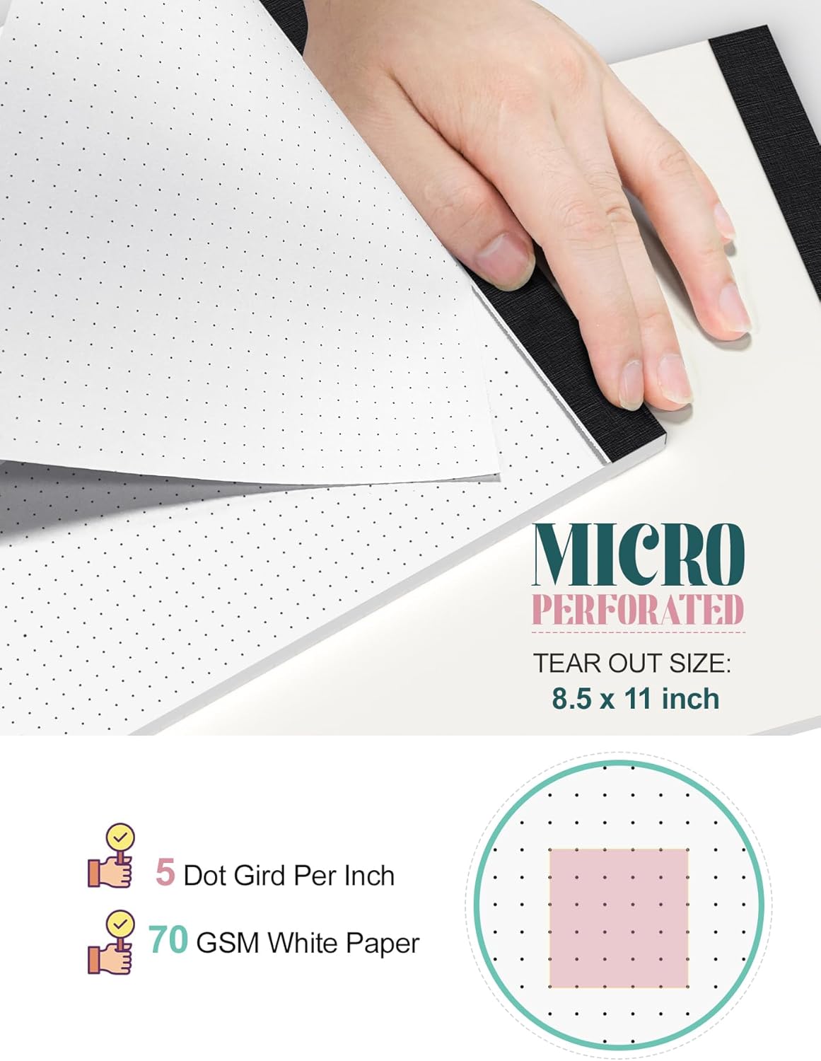 Dotted Paper 8.5 x 11, 6 Pack Dot Grid Paper Pad, 30 Sheets Per Pad Dotted Journal Notepad 8.5 x 11, Easy Tear-Off 5x5 Dots Journal Paper Pads for Office, School