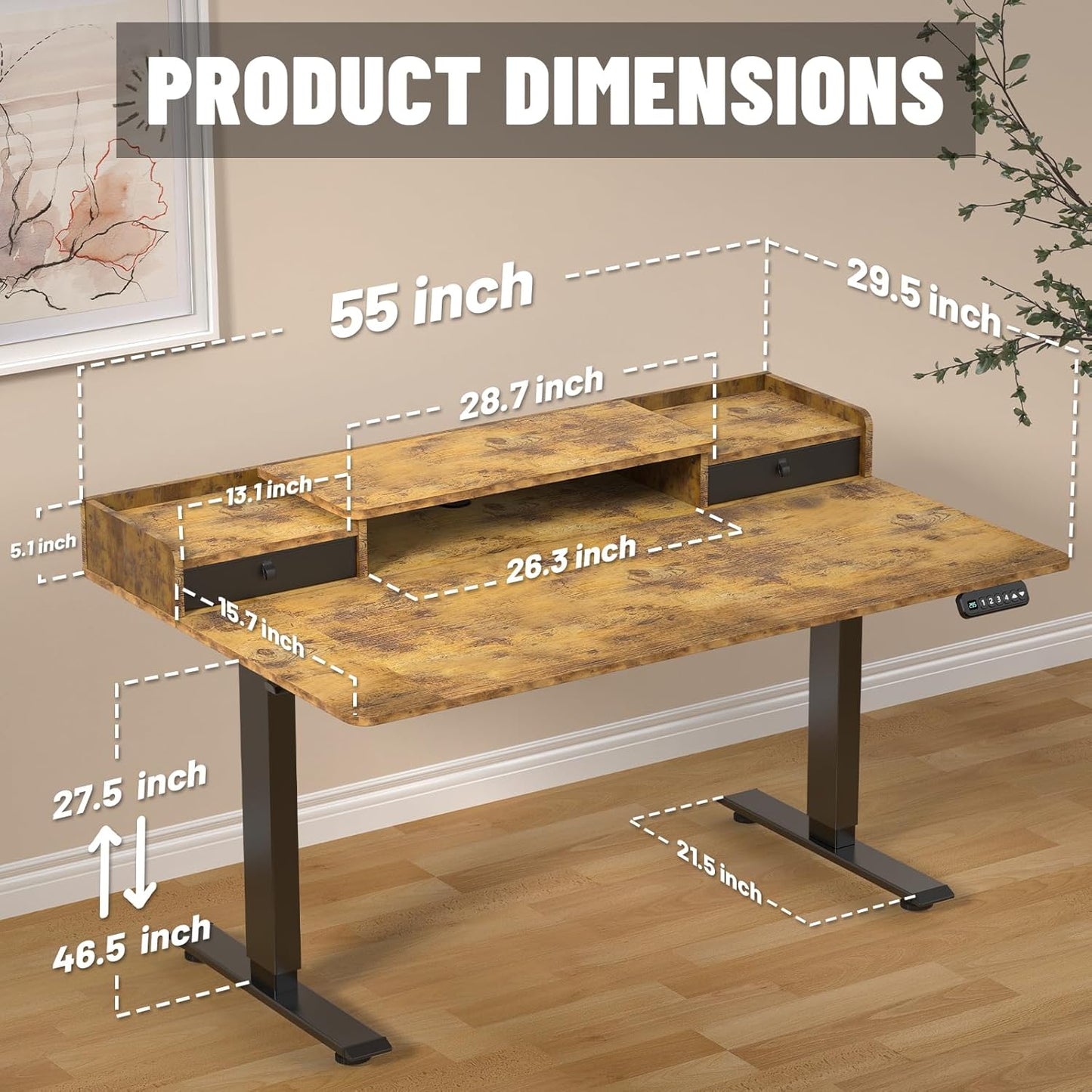 55 x 30 Inch Electric Standing Desk with 2 Drawers, Adjustable Height Widened Stand Up Desk with Storage, Sit to Stand Ergonomic Workstation for Home Office, Rustic Brown