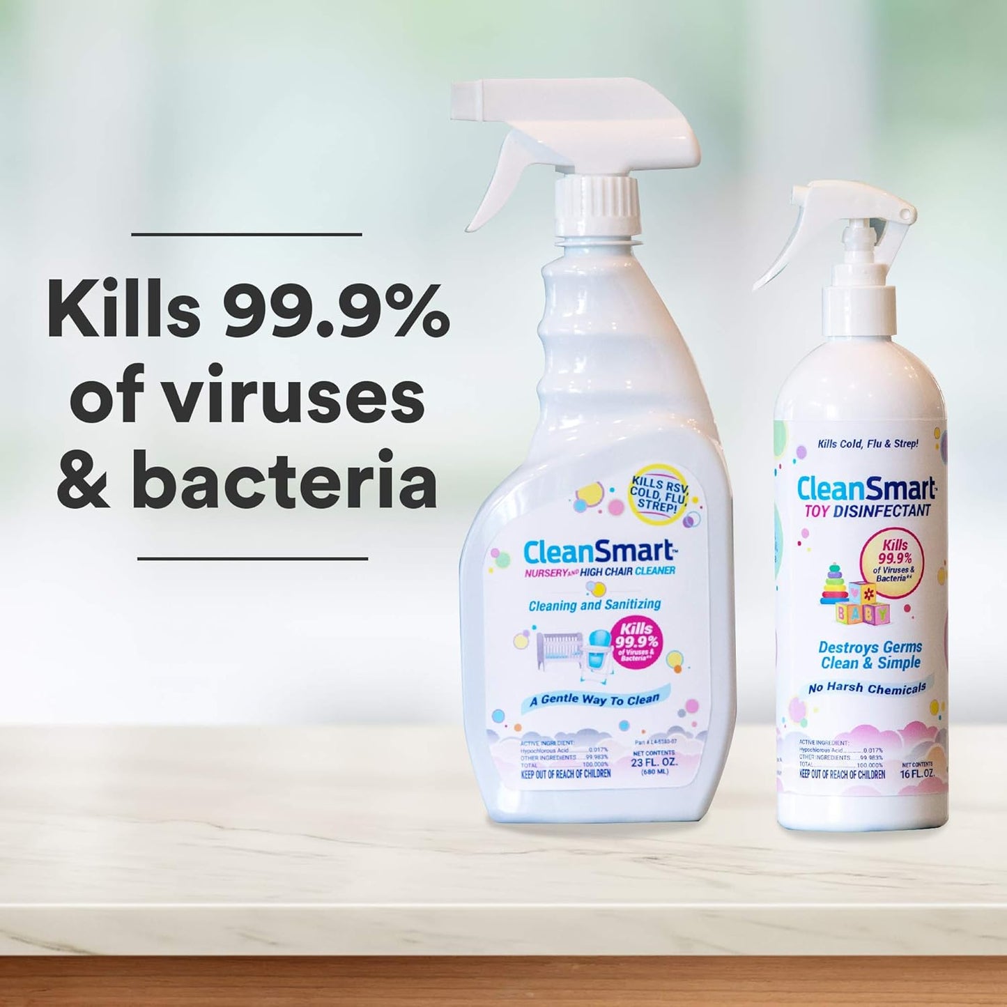 CleanSmart Nursery & High Chair Cleaner, 23 Ounce Bottle (Pack of 2), Hypochlorous Naturally Kills 99.9% of Viruses like RSV & Flu with Zero Residue