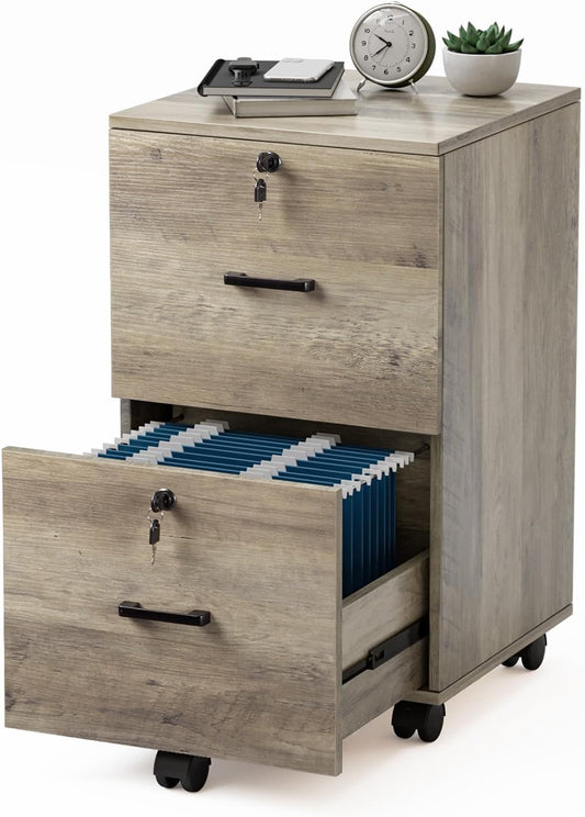 VINGLI 2 Drawer File Cabinet with Lock, Wood Rustic Gray Filing Cabinet for Letter Size File Folders with Tabs, Under Desk Rolling File Cabinets for Home Office, Mobile File Organization Printer Stand