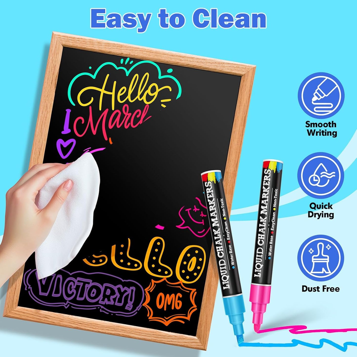 BainGesk 30 Colors Liquid Chalk Markers, Dust-Free Erasable Pens for Blackboards, Chalk Markers for Chalkboard, Windows, Glass, Mirror, Acrylic Dry Erase Board, 6mm Reversible Bullet & Chisel Tip