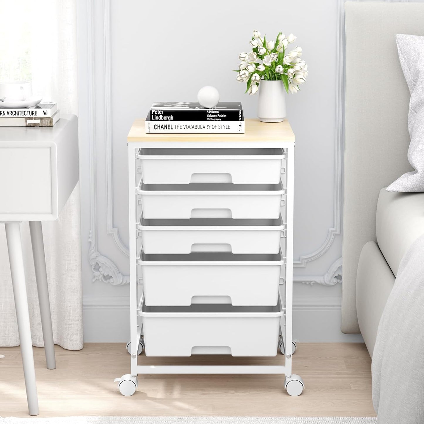 Utility Cart with 5 Drawers,Storage Drawer Cart with Wooden Tabletop and Lockable Wheels,Craft Storage Trolley Cart,5-Tier Rolling Utility Cart on Wheels,Bright White