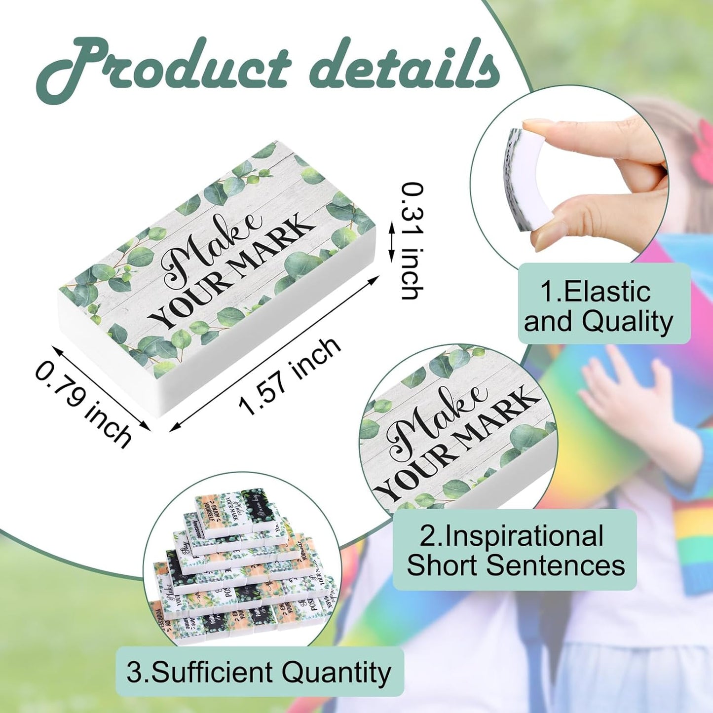 100 Pcs Inspirational Pencil Erasers Bulk for Kids Fun Motivational Eraser School Supplies Back to School Office Supplies for Classroom Office Teacher Artists (Eucalyptus Leaf)