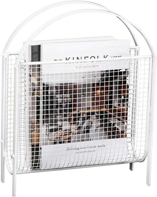 MyGift Mid-Century Design Magazine Rack, Matte Black Tone Metal Mesh Freestanding Magazine Organizer Holder Sling (White)