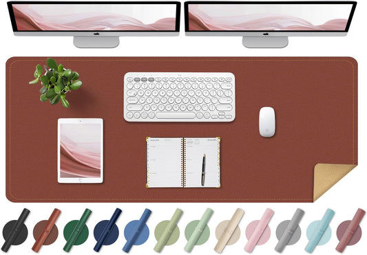 BLESWIN Large Desk Pad Mat 47.2"" x 17"", Office Desk Mat, Non-Slip PU Leather & Cork Desk Blotter for Keyboard and Mouse, Large Desk Mat, Large Mouse Pad for Office & Home(Brown)