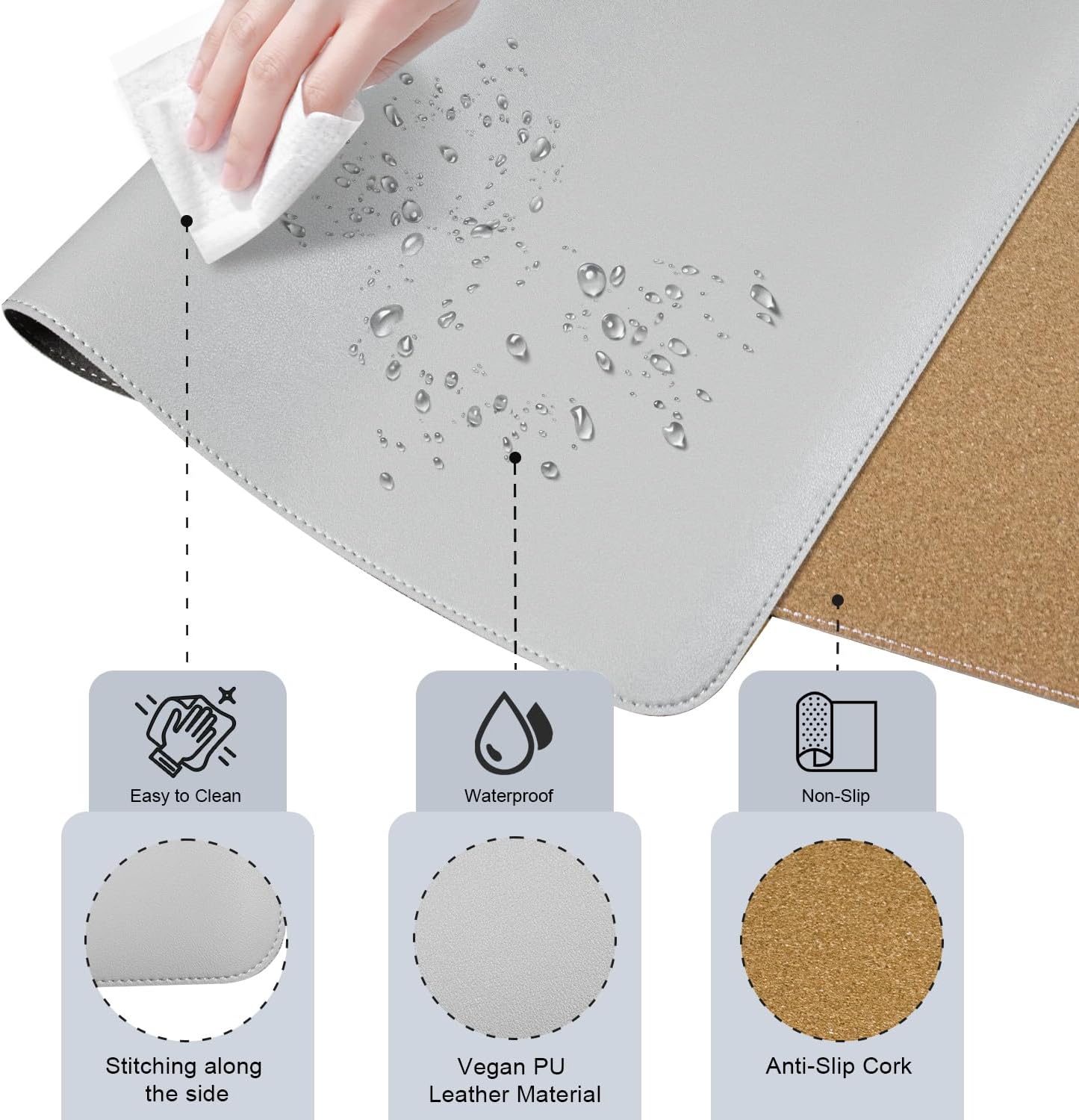 BLESWIN Large Desk Pad Mat 47.2"" x 17"", Office Desk Mat, Non-Slip PU Leather & Cork Desk Blotter for Keyboard and Mouse, Large Desk Mat, Large Mouse Pad for Office & Home(Light Grey)