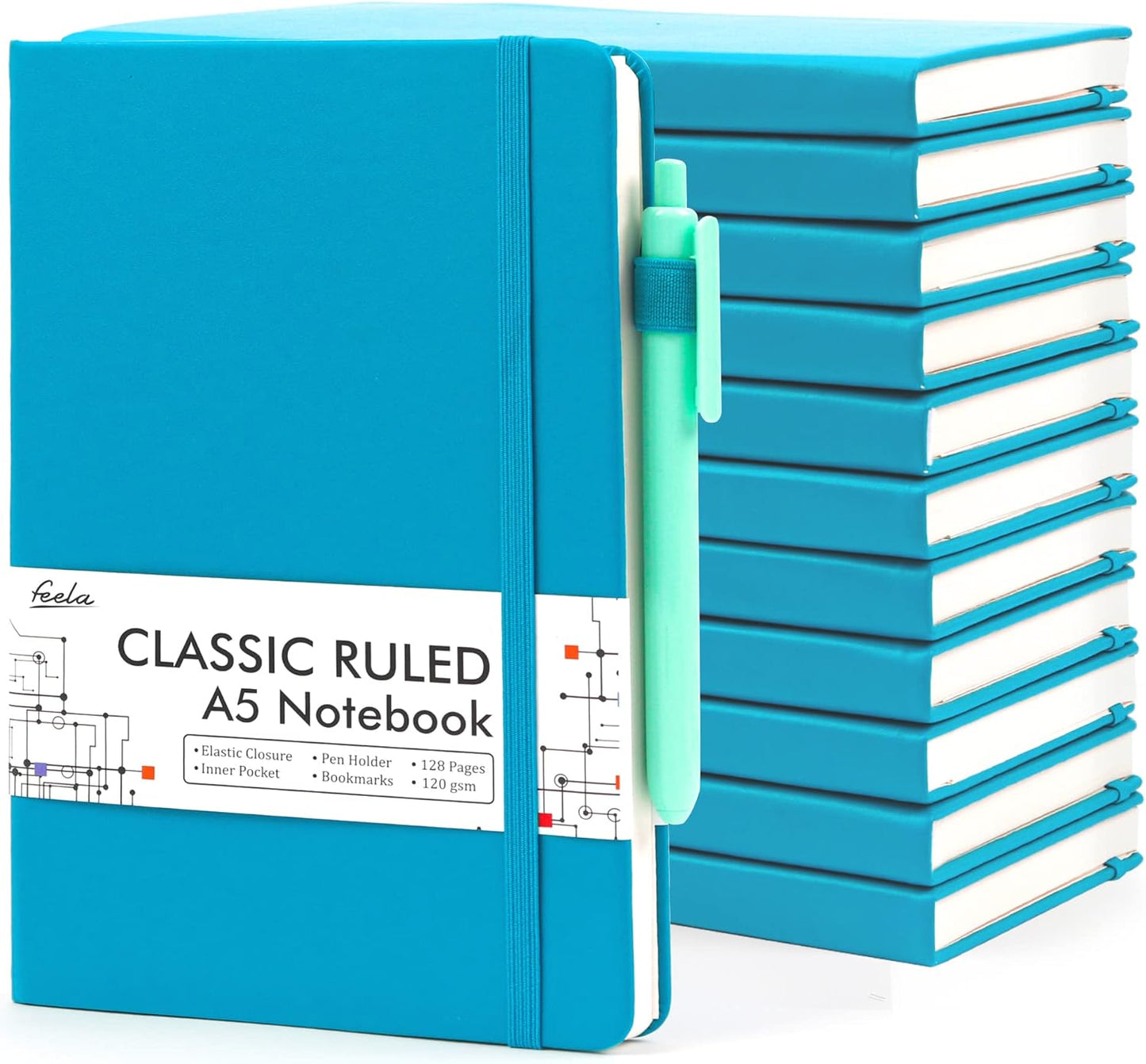 feela 12 Pack Notebooks Journals Bulk, Hardcover Notebook Classic Ruled Journal Set with Pen Holder for School Business Work Travel Writing, with 12 Black Pens, 120 GSM, 5.1”x8.3”, A5, Teal