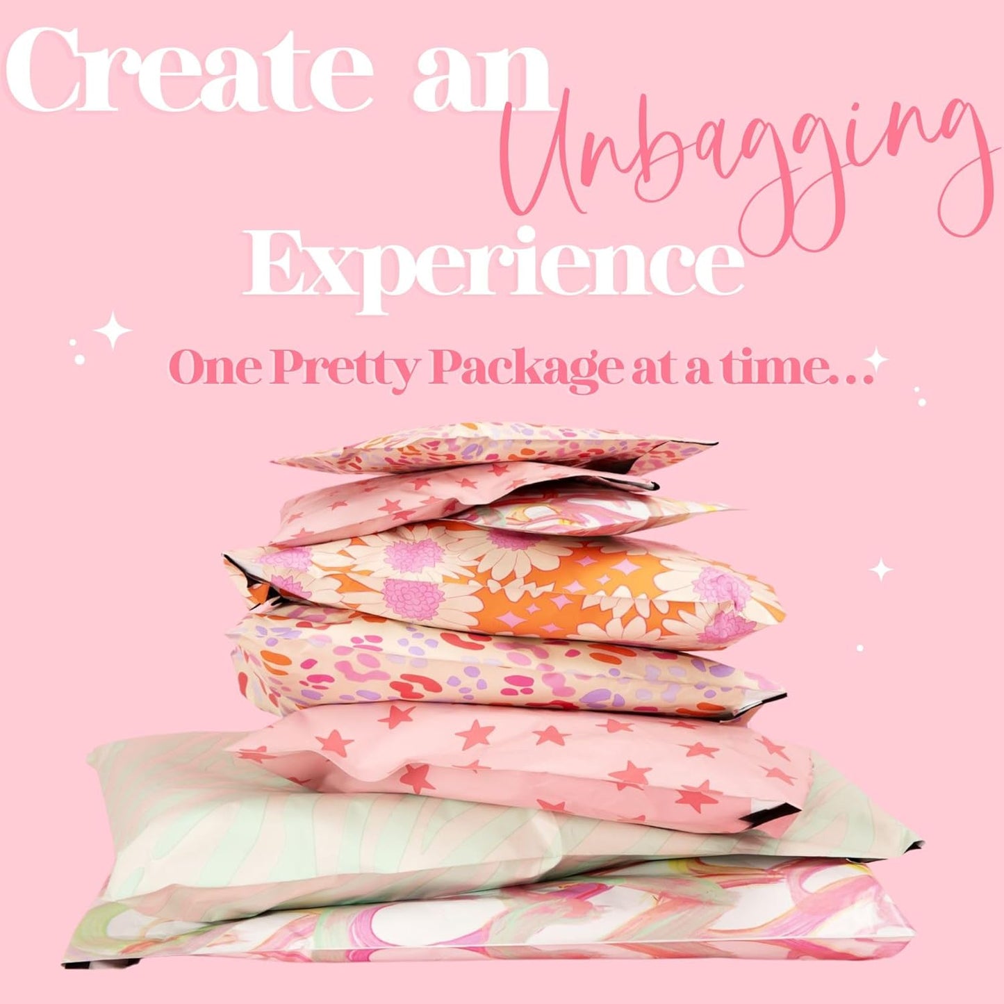10x13 Designer Poly Mailer 100 Pack Heavy Duty Waterproof Self Seal Shipping Bags for Small Business Large Mailing Envelopes Bulk Tear Resistant Cute Packaging Seeing Stars Pink