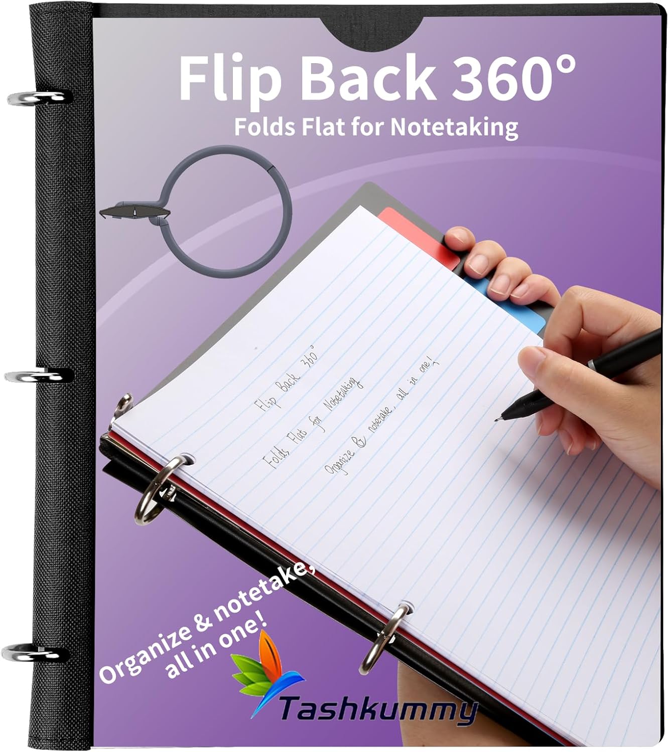 2 Pcs Pivotable Refillable Notebook, Upgraded 1 Inch 3 Ring Notebook Binder, 100 College Ruled Paper, 5 Subject Notebook with Dividers and Folder Pockets, Tabs- Black