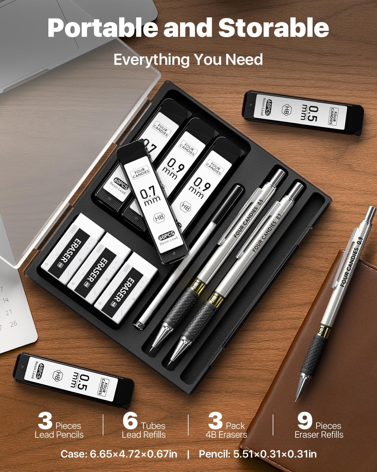 Four Candies Metal Mechanical Pencil Set - 3PCS 0.5 & 0.7 & 0.9 mm Art Pencils & 360PCS HB Lead Refills & 3PCS Erasers & 9PCS Eraser Refills, for Drawing, Writing, Sketching, Drafting - With Case