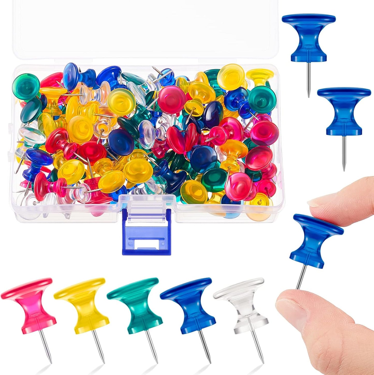 Outus 100 Pcs Giant Push Pins Large Thumb Tacks Plastic Heads 1 Inch Jumbo Push Pins for Cork Board Map Posters Office School(Rose Red, Clear, Dark Blue, Dark Green, Yolk Yellow)