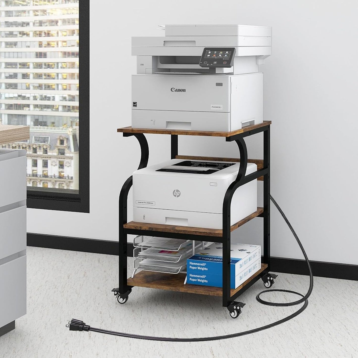 Natwind Large 3-Tier Rolling Printer Cart with Adjustable Shelf, 24”x20” Mobile Stand for Heat Press, 3D Printer, Home Office Multifunctional Shelves with Locking Wheels (Retro)