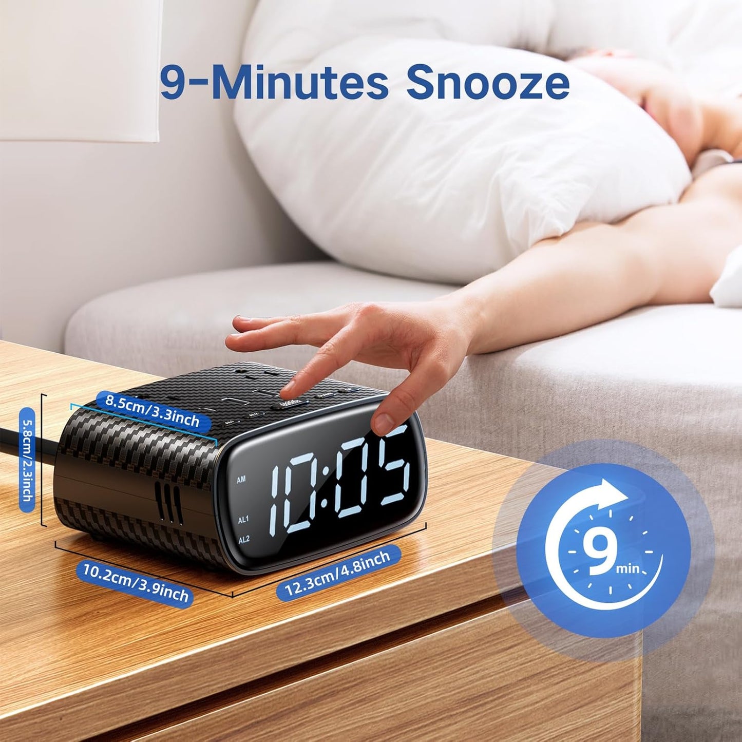 XBA Digital Alarm Clock with 20W USB C Ports, Dual Alarm Clock Power Strip with 2 AC Outlets, 4 USB Charging Ports, Dimmable Snooze Desk Clock with 6FT Cords for Bedrooms,Travel, Black