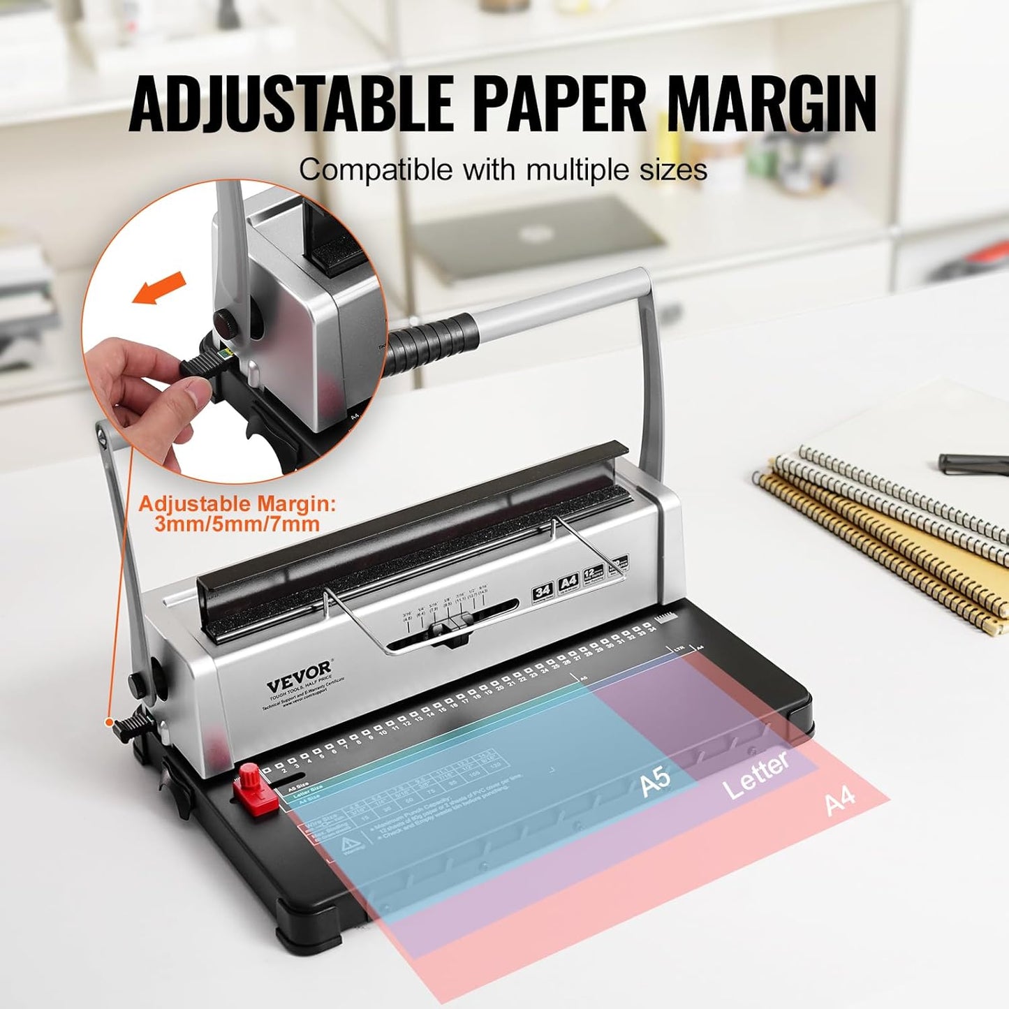 VEVOR Coil Binding Machine, Manual Book Maker 34-Holes Binding 120 Sheets, Punch Binder with Adjustable Side Margin, for Letter Size, A4, A5