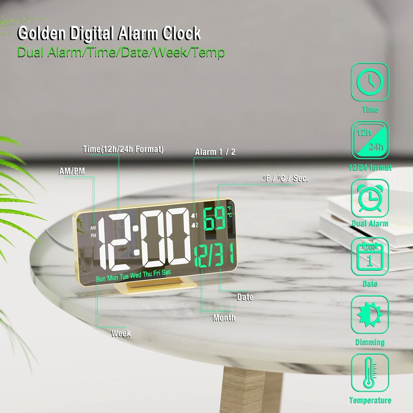 KOSUMOSU Desk Clock for Bedroom Accessories 6.7in Gold Digital Alarm Clock with Dimming,12/24h, Date, Day of Week, Temp, LED Clock, Modern Digital Calendar Clocks for Living Room Essentials