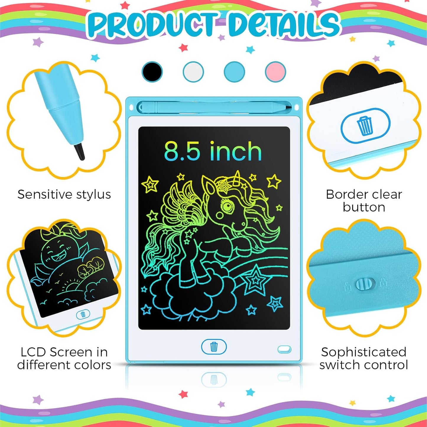 Tinlade 12 Pack LCD Writing Drawing Tablets 8.5 Inch Bulk Colorful Doodle Board Erasable Electronic Painting Drawing Pads Learning Toy Gifts for Kids Christmas School(Pink, Blue, White, Black)