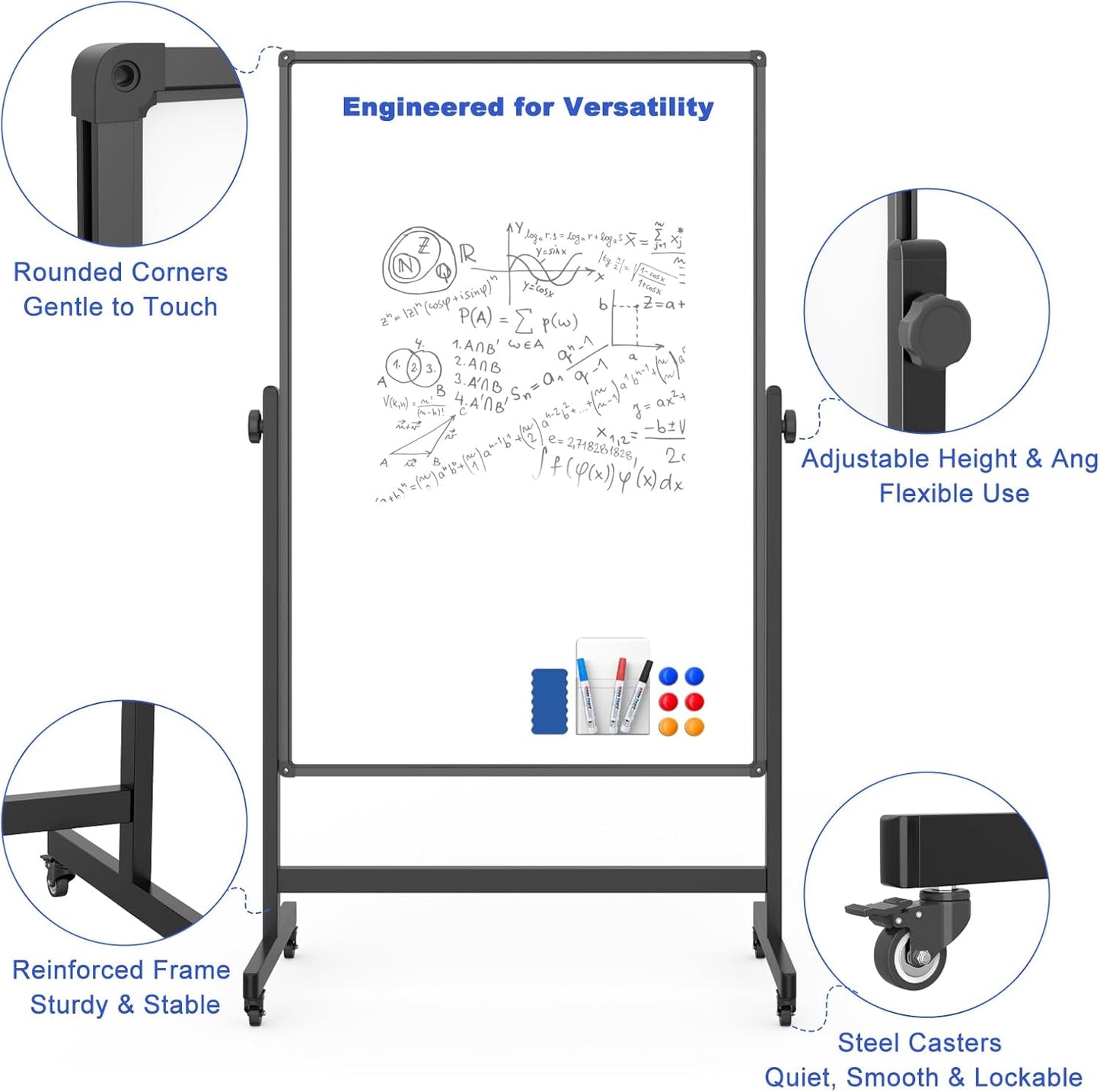 Rolling Whiteboard on Wheels, Double-Sided Magnetic Dry Erase Board with Stand, Mobile White Board for Office, Classroom, Home (32" x 48")