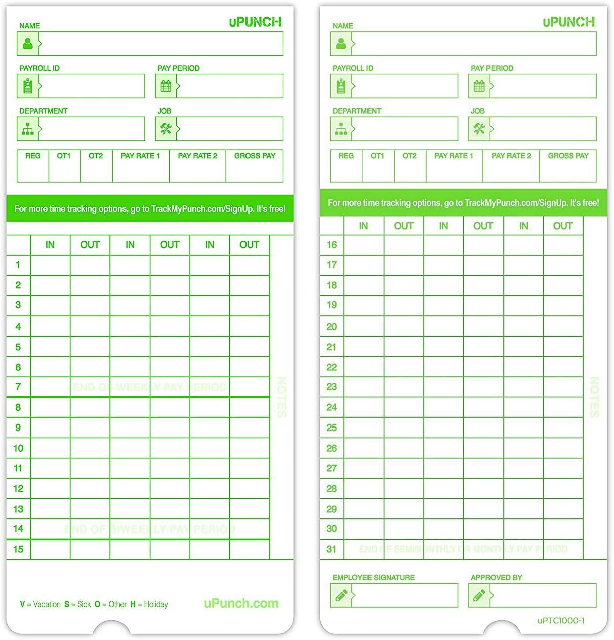 uPunch Time Clock Cards Hn3000, Two Sides, 7.37 X 3.37, 50/Pack