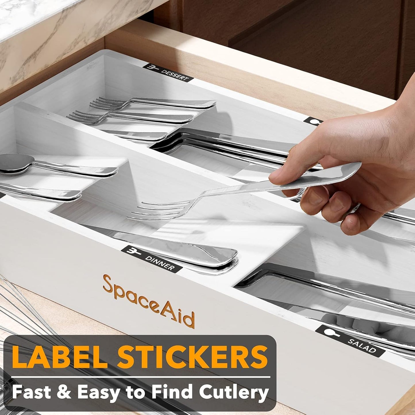 SpaceAid Bamboo Silverware Drawer Organizer with Labels, Kitchen Utensil Tray Holder Organizer for Flatware, Cutlery, Spoon and Knives Drawer Storage Organization (White, 6 Slots)