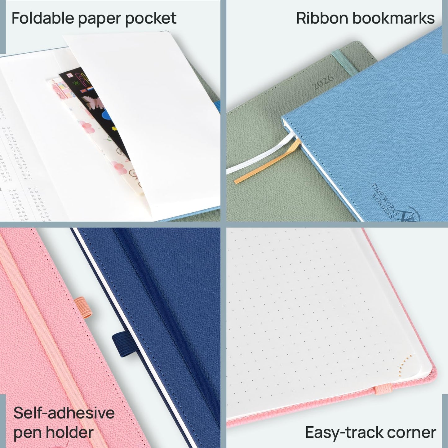 POPRUN Weekly Planner 2026 Calendar (Pocket 4'' x 6.25'') 12 Months Notebook with Horizontal Layout, Leather Hardcover, Inner Pocket, 100GSM Thick Paper, Pen Holder - Pacific Green