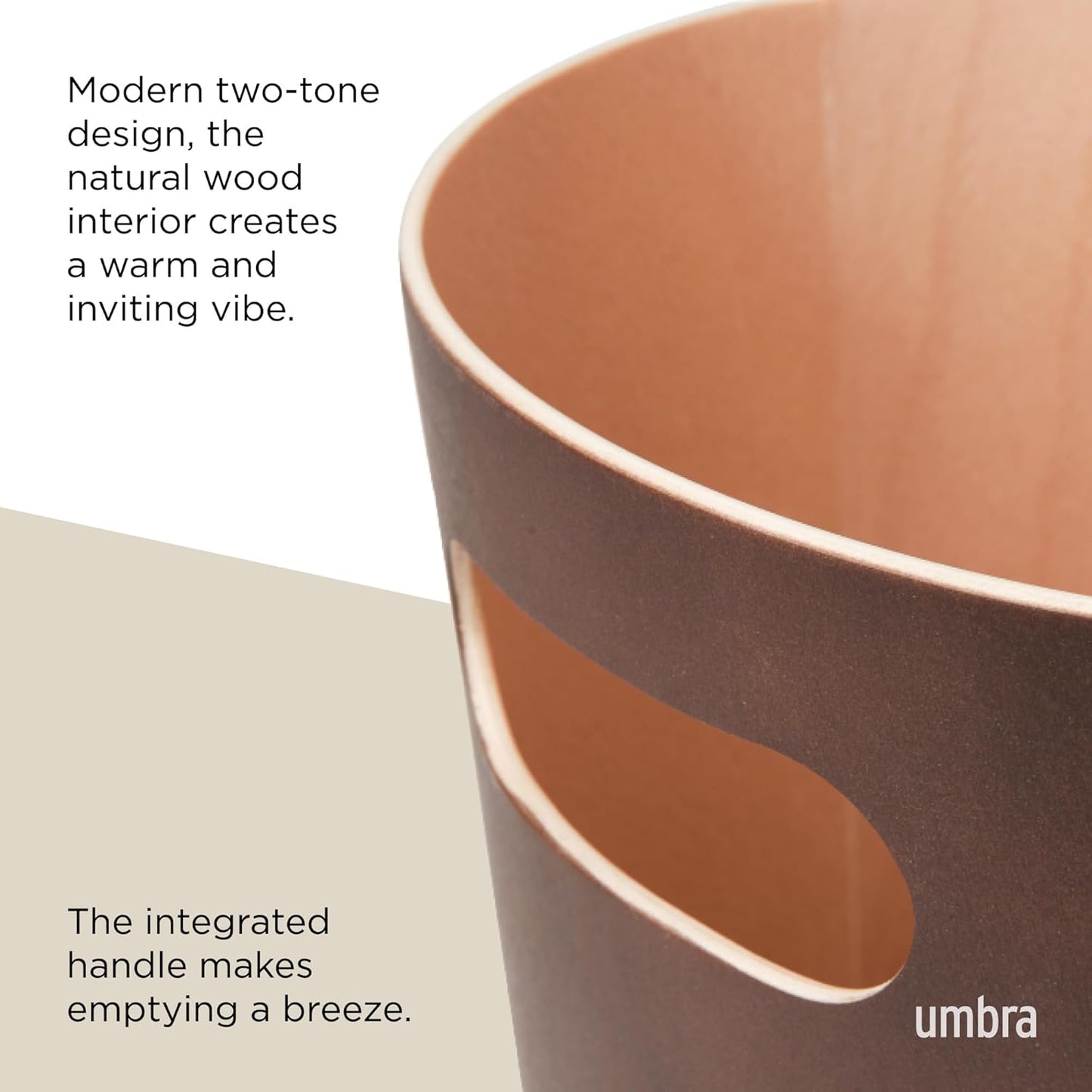 Umbra Woodrow, 2 Gallon Modern Wooden Trash Can Wastebasket or Recycling Bin for Home or Office, Espresso