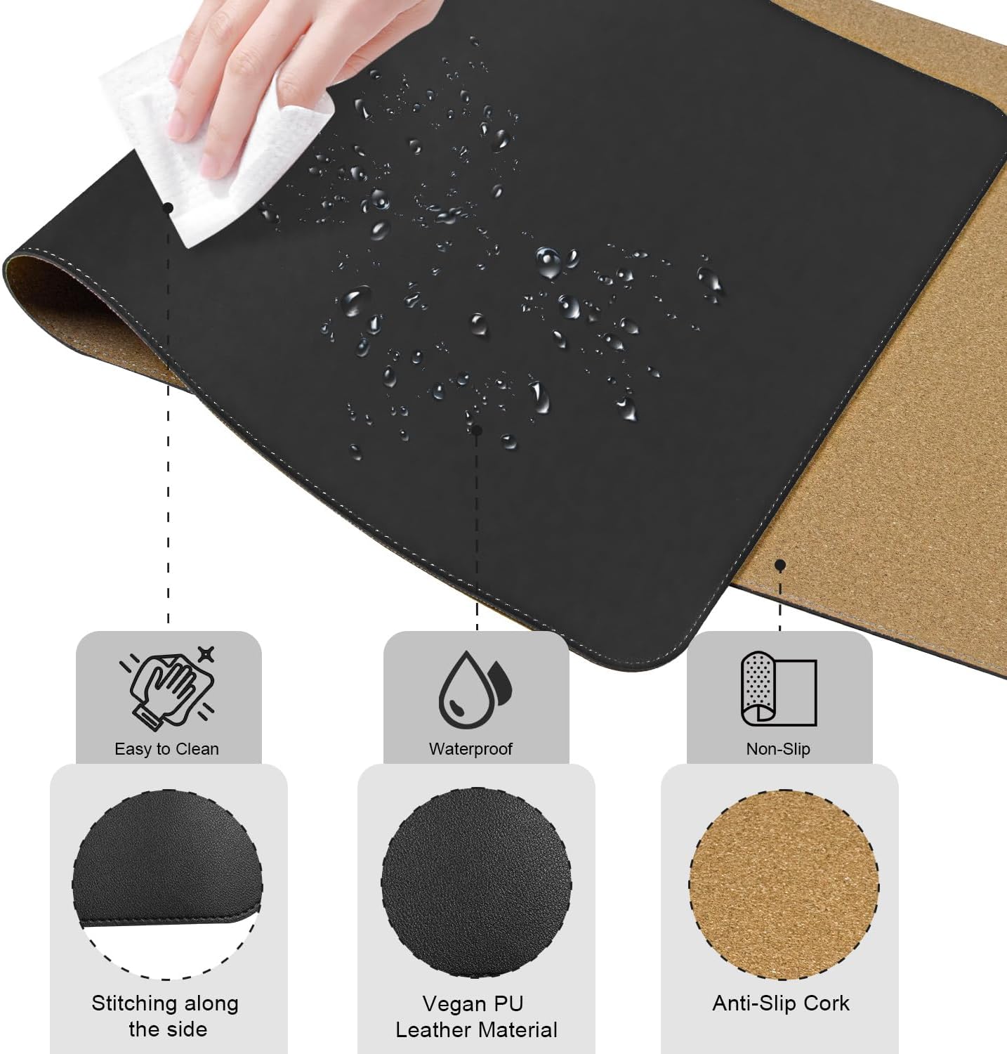 Dual-Sided Desk Pad, Natural Cork & PU Leather Mouse Pad for Desk, Desk Pad Protector, Non-Slip Desk Mat for Office and Home Work, (Black, 23.6" x 13.7")