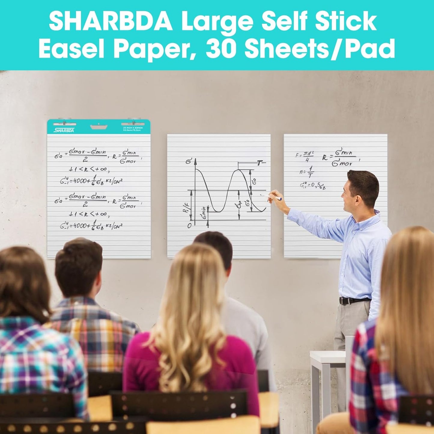 Lined Sticky Easel Pad, 25 in x 30 in,Flip Chart Paper,Sticky Chart Paper for Teachers, Large Self-Stick Easel Paper,Super Sticky & Bleed-Resistant,30 Sheets/Pad,4 Pads