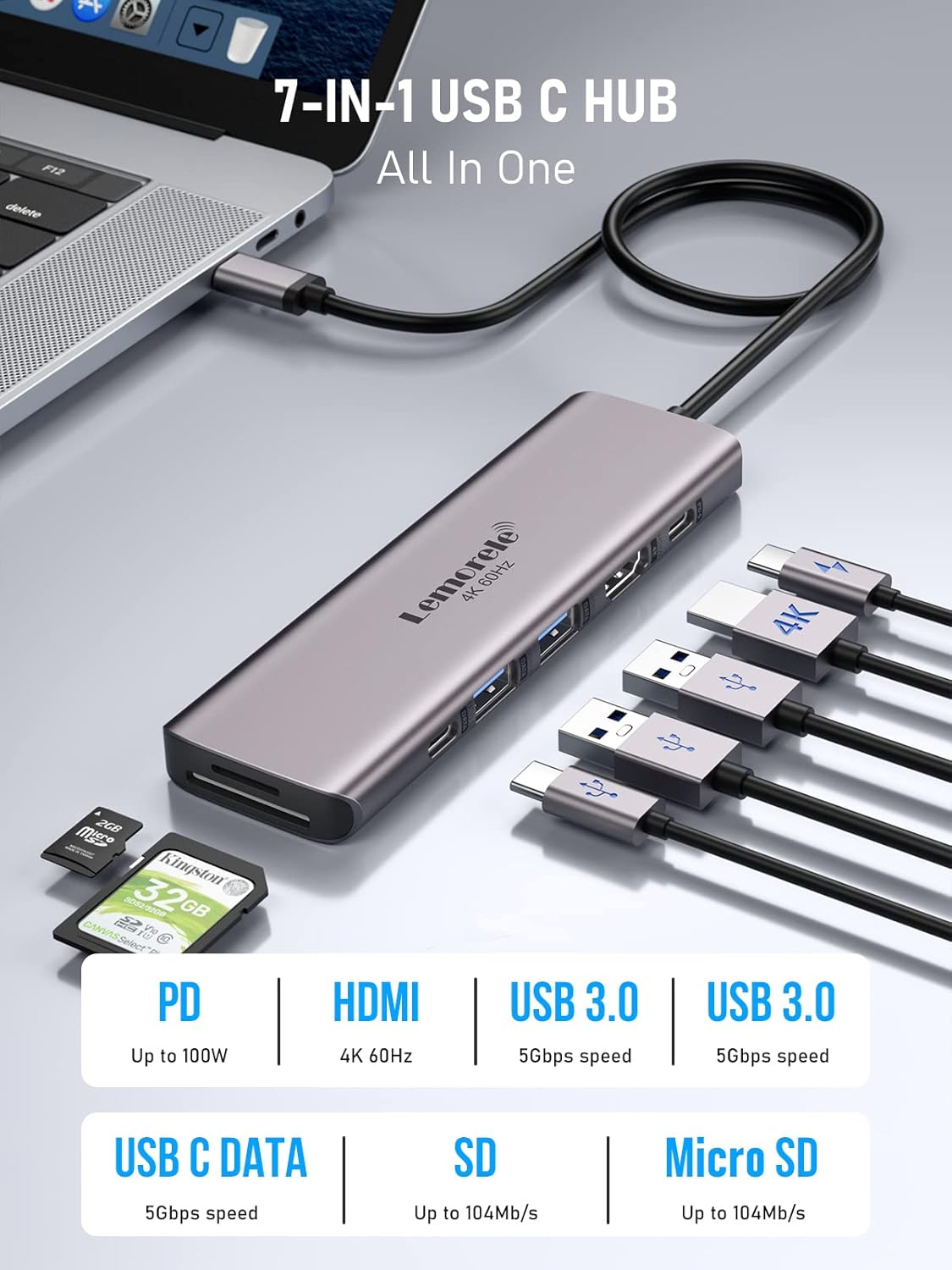USB C Hub Multiport Adapter - Lemorele 7-in-1 Type-C 4K 60Hz HDMI Dongle Docking Station, 100W PD, SD/TF 3.0 Slots, 2 USB 3.0 & USB C 3.0 5Gbps Data Ports, for MacBook, iPad, Surface, XPS, ChromeBook