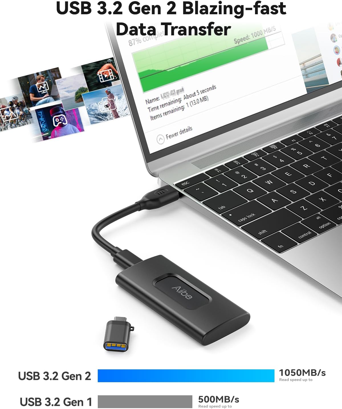 Aiibe 1TB External SSD USB C Portable SSD USB 3.2 Gen 2, Up to 1050MB/s, External Solid State Drive 1TB External Hard Drive for iPhone 16/15, Laptop, Mac and PS5 (Black)
