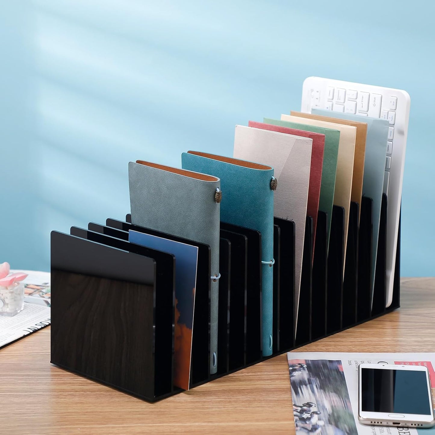 Ctosree Acrylic File Organizer for Desk Vertical 15 Compartments File Sorter Mail Organizer Desktop Countertop Folder Stand Racks for Office Home School Desk(Rectangle,Black)