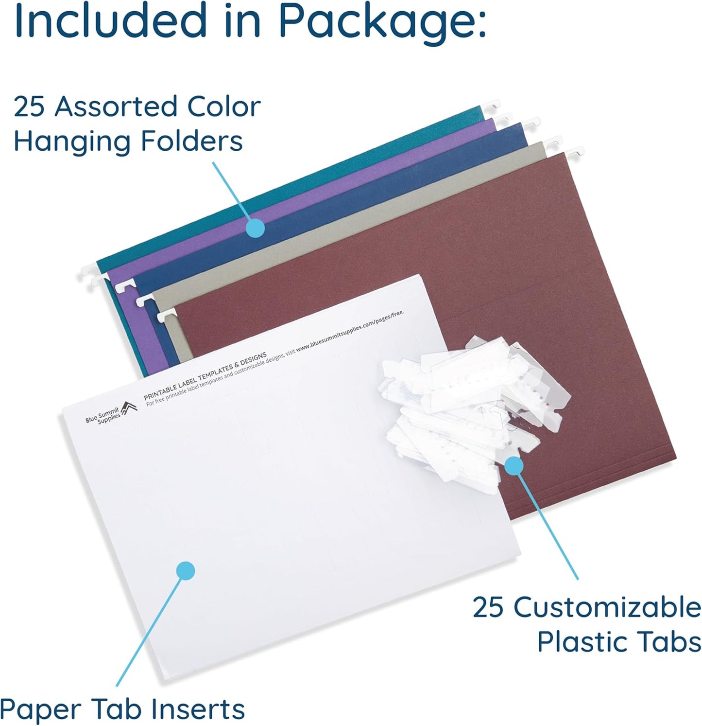 Blue Summit Supplies 25 Jewel Tone Hanging File Folders Letter Size with Tabs, Reinforced Hanging File Folders Jewel Tone, Includes Plastic Tabs and Inserts