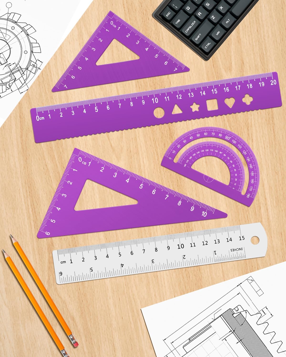 Honagu Triangular Ruler Set, 4+1Pieces Aluminum Alloy Ruler, Metal Drafting Ruler, Geometric Protractor for Students, School Office Supplies (Purple, 20cm)