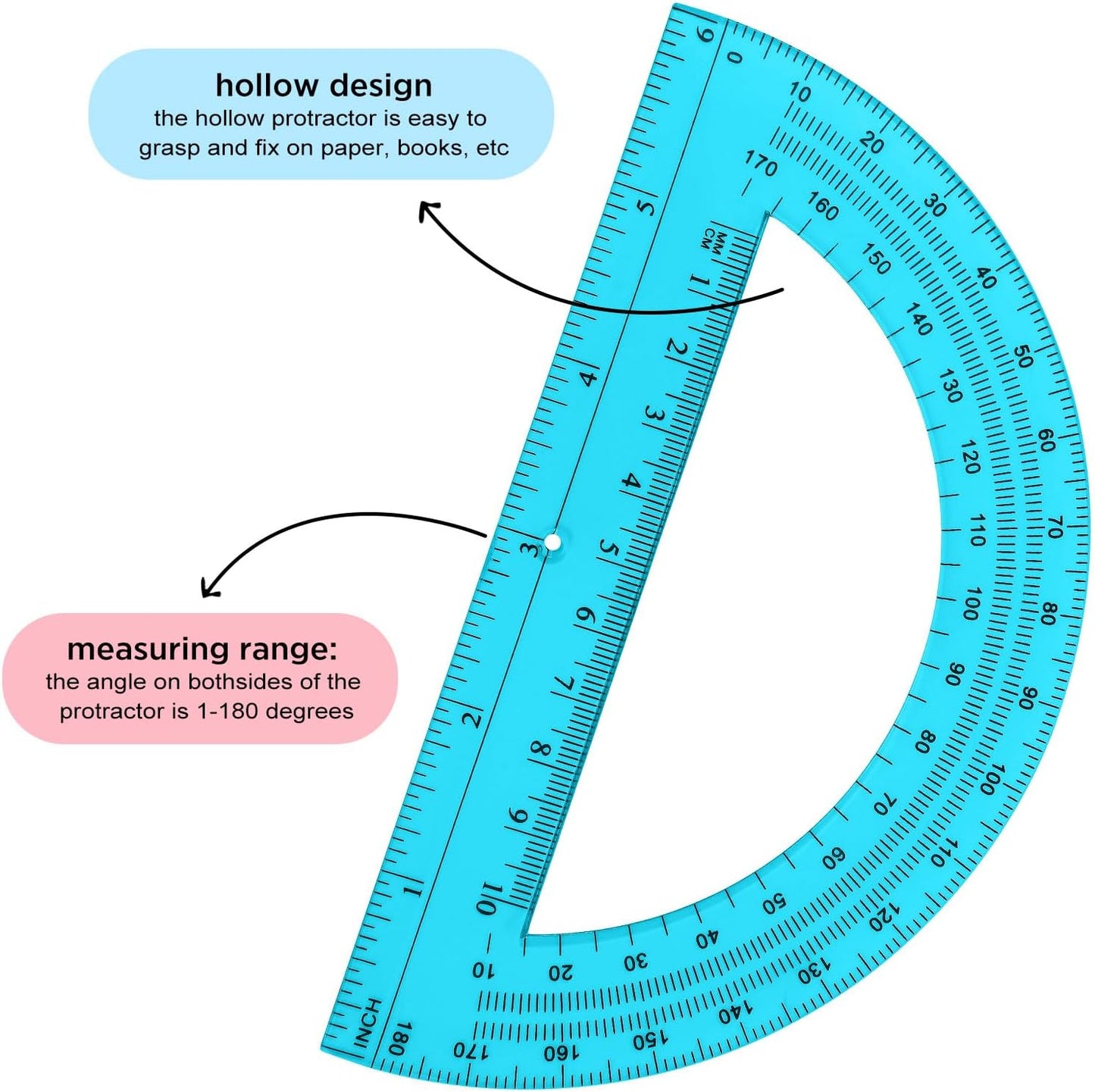Zonon 36 Pack 6 Inch Plastic Protractor Back to School Protractors 180 Degrees Pink Blue Clear Protractors for Classroom Math Teacher Student Office Supplies